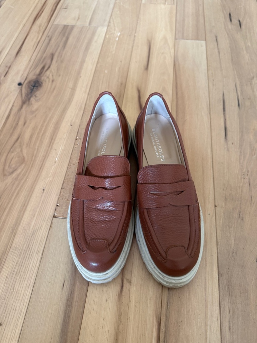 Women's Tan Leather Platform Penny Loafers - Picture 2 of 3
